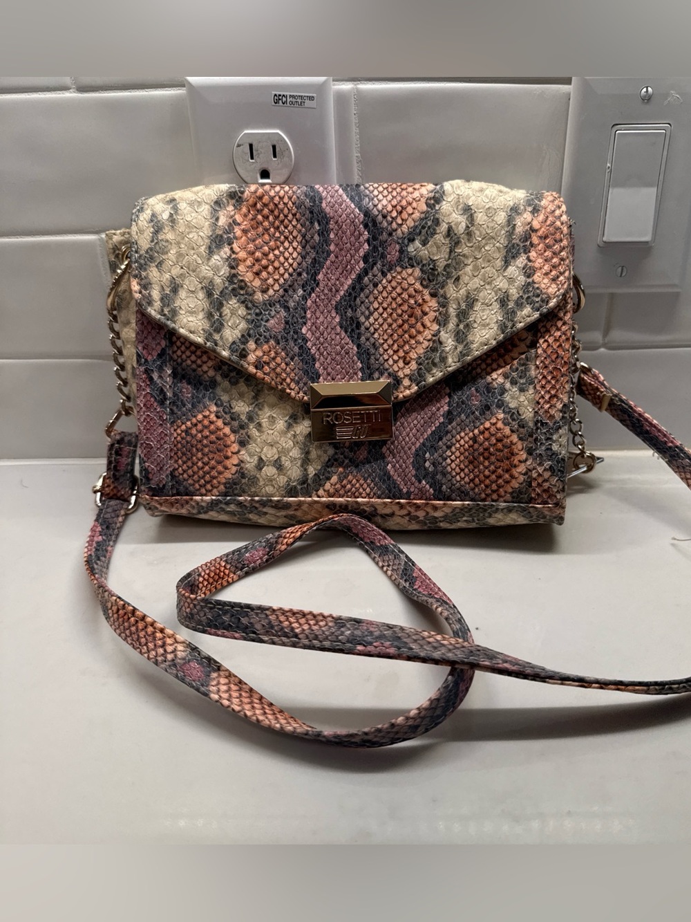 Rosetti Pink and Tan Snake-Print Adjustable Crossbody Bag